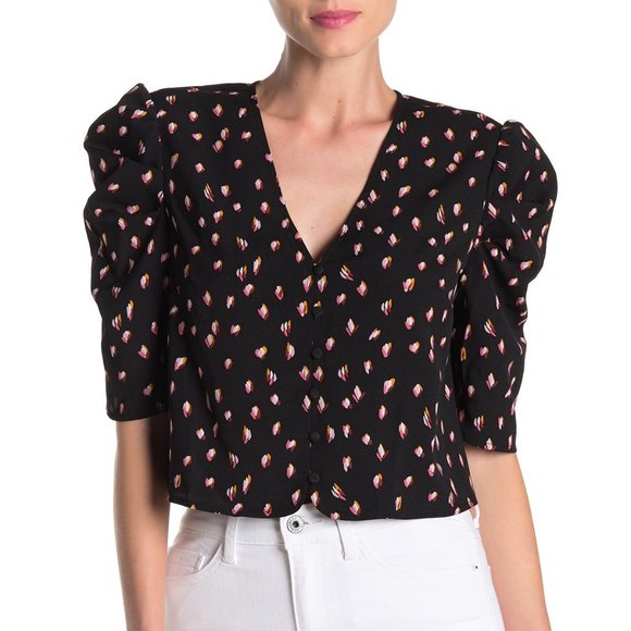 free press Tops - Black Floral Puff Sleeve Cropped Top XL PA89